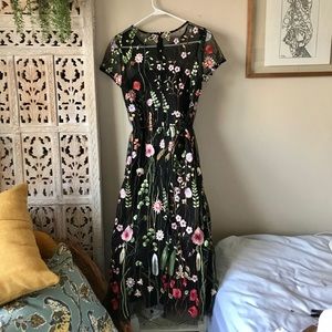 floral midi dress with embroidered overlay